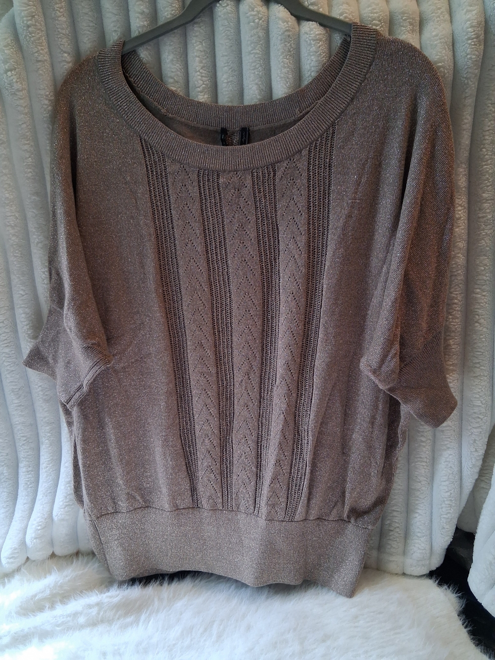 Guess Las Angeles Metallic Light Gold Short-Sleeve Scoop-Neck Sweater